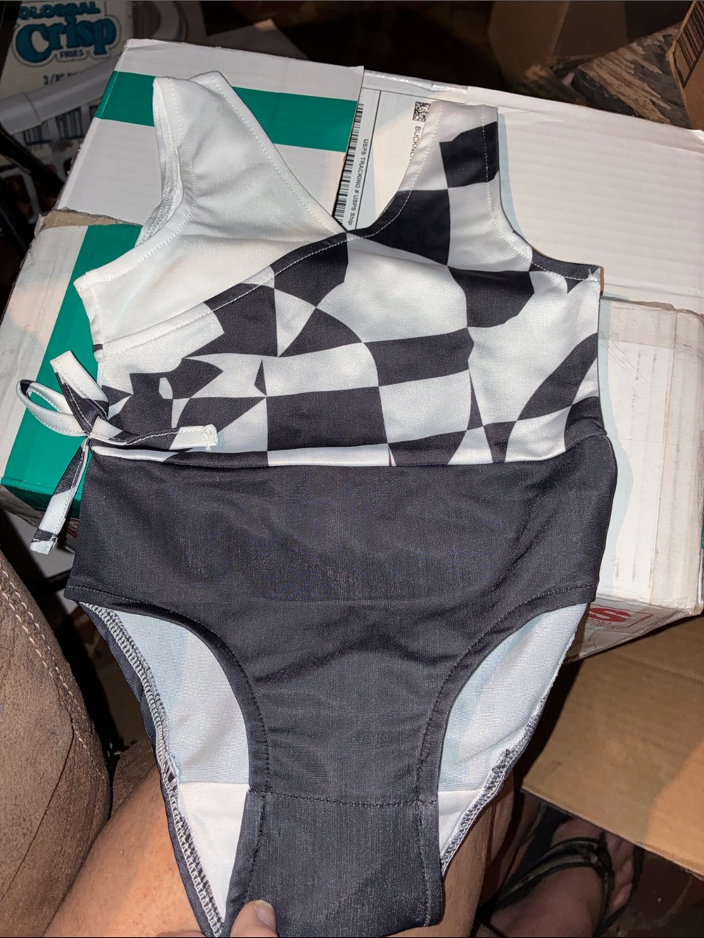 esby Black and White Geometric Kids One-Piece Swimsuit with 2 matching hair bows